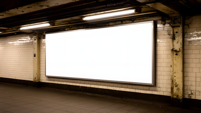 Empty vintage New York subway platform with a blank horizontal billboa