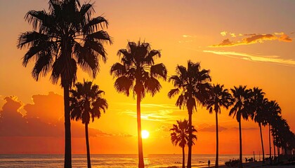 Obraz premium Palm trees line a beach at sunset, vibrant orange light fills the sky