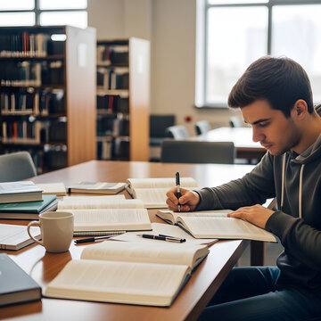 Focused student studying in a library academic pursuit and concentration