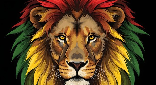 Reggae style lion portrait with vibrant red, gold, and green mane on black background