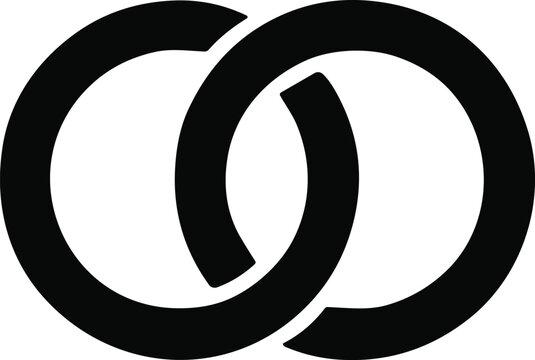 Black and white abstract vector illustration of two interlocking rings, stylized circular shapes symbolizing unity, infinity, and continuity