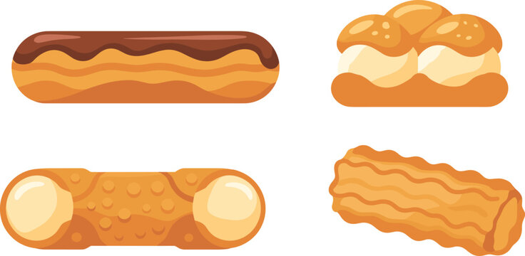 Vector illustration set of delicious pastries featuring chocolate &eacute;clair cream puff cannoli and churro for bakery menus and cafe branding.