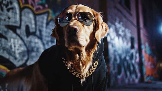 Golden retriever wearing black hoodie and sunglasses in graffiti alley