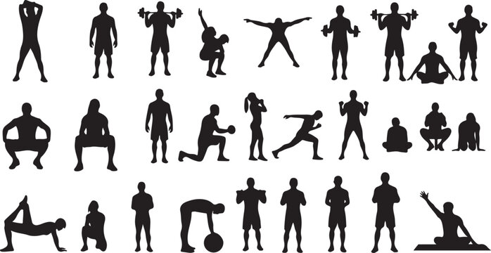 Black silhouettes of people exercising and working out in various poses