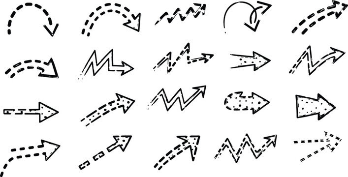 Hand-drawn decorative arrows icon set with zigzag, curved, dashed, and motion trail styles for design and direction themes