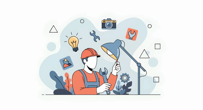 A skilled worker examines a tool under a desk lamp surrounded by various objects and symbols on a workbench in an industrial setting.