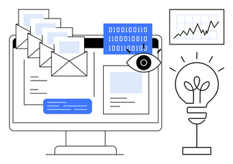 Email communication, data management, information security, innovation, analytics, digital progress. Emails, binary code eye and light bulb on a monitor. Communication and data management concept © robu_s