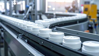 Obraz premium A close-up of white containers on a conveyor belt in a factory