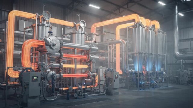 Medium shot focusing on the integration of heat recovery systems in an acid plant emphasizing the flow of thermal energy into drying applications for resource optimization.