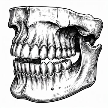 detailed anatomical illustration of human skull and jaw with teeth cross section