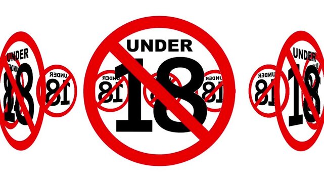 Under 18 Age Restriction Warning Sign Animation on white background