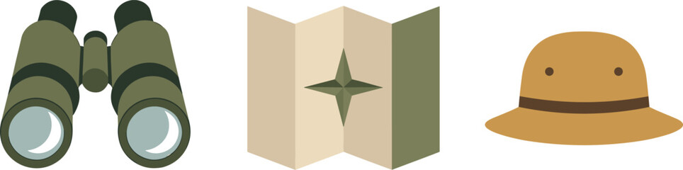 Adventure safari travel set with binoculars paper map and pith hat vector icons isolated on white background for tourism exploration © MDALAMGIR