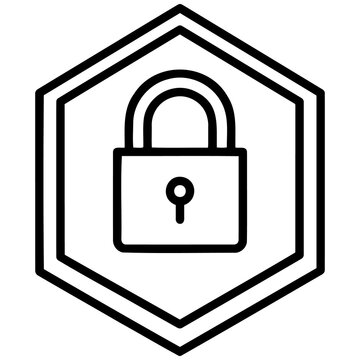 Secure lock icon, a black outline padlock symbol within a hexagonal frame, representing data security and digital protection. Ideal for cybersecurity, privacy, and access control designs.
