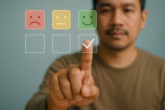 Man's finger is seen pressing a smiling face icon on a digital screen, selecting the highest satisfaction level from a grid of emotional reactions.
