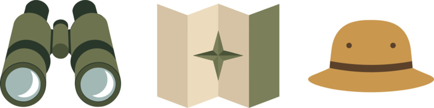 Adventure safari travel set with binoculars paper map and pith hat vector icons isolated on white background for tourism exploration