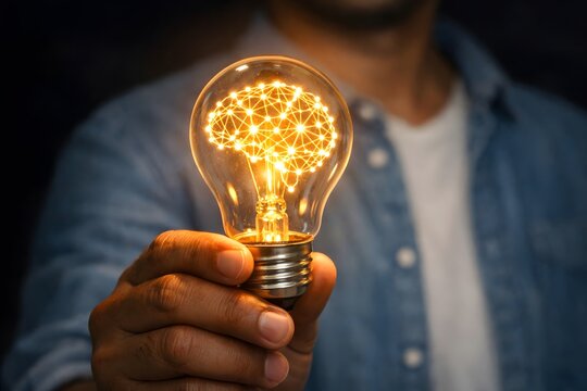 Person holds a glowing lightbulb containing an intricate digital brain network, symbolizing bright ideas, innovation, creative thinking, and intelligence in technology.
