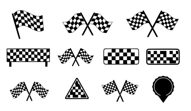 Flat racing flag icon set with checkered finish flags in multiple shapes motorsport symbol collection