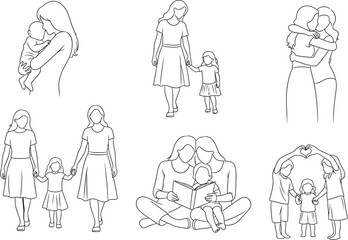 Set of minimalist line art illustrations depicting mothers children and diverse family moments symbolizing love care and connection ideal for modern design projects © Zohaib