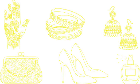 Elegant collection of traditional Indian bridal and festive accessories featuring mehndi hand bangles jhumka earrings and high heels rendered in a minimalist outline vector style