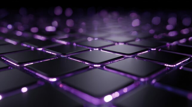 A metallic grid-shaped electronic chip emitting purple glowing light, textured with intricate patterns and reflective surfaces