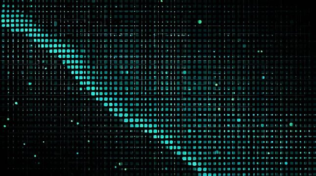 Abstract display of digital information in a rectangular formation showcases bright cyan squares with a light streak suggesting data movement across a dark expanse of squares portraying abstract