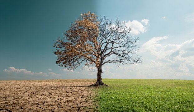 Deciduous tree showing seasonal contrast with dried half of branches and lush green leaves on the other side in a rural landscape