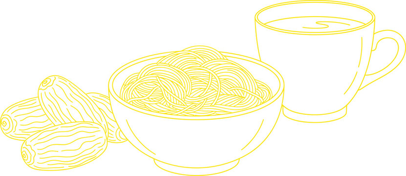 Minimalist yellow line art illustration of dates a bowl of date paste and a cup of coffee symbolizing healthy breakfast energy or Ramadan traditions