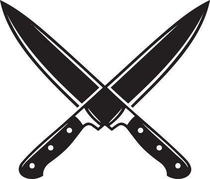 Crossed chef knives vector illustration, black and white culinary kitchen tools, professional cooking equipment, sharp blade design for restaurant branding and food service.