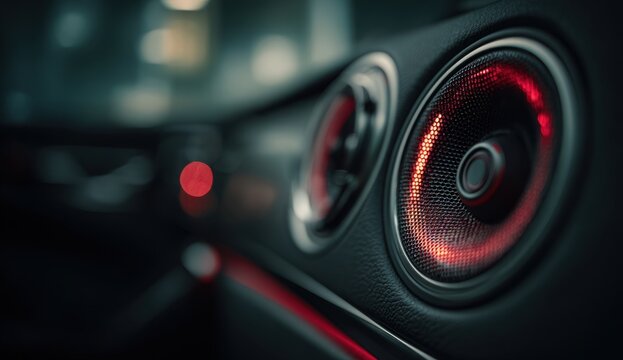 A modern car audio speaker installed on a car door with red and black grille and textured surface