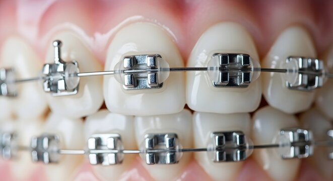 Macro shot of dental braces with clear brackets and metal wires straightening teeth, promoting oral hygiene and smile correction