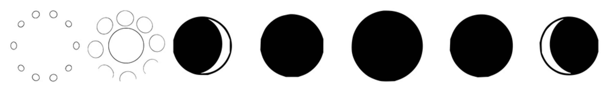 Lunar eclipse phases set with minimalist black silhouettes featuring crescent, half, full moon with shadows and cosmic elements