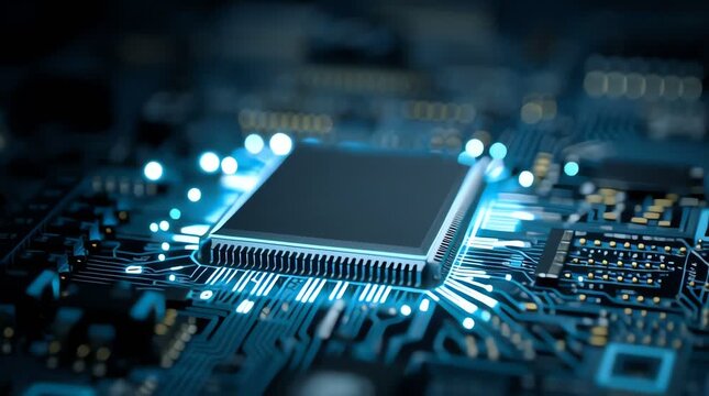 Intricate network of illuminated electronic pathways and glowing components converge on a prominent central processor, signifying advanced technological innovation and digital connectivity