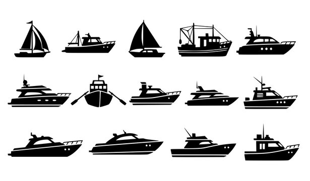 Boat silhouettes set &ndash; 10 nautical vector icons in rows