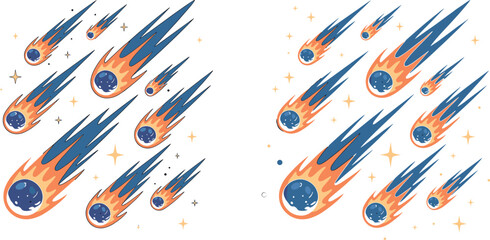 Colorful falling comets and meteorites with fire tails in starry space vector illustration set for cosmic galaxy background design © MDALAMGIR