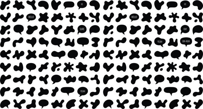 Abstract blob icons silhouette vector illustration featuring speech bubbles, &ldquo;HI!&rdquo; text, playful motifs, and decorative splash design