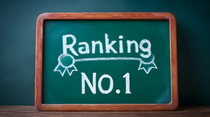 Fototapeta premium Green chalkboard with wooden frame showing 'Ranking No 1' written in chalk with ribbon graphic.