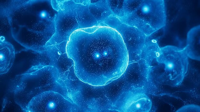 Skin cell healing showing detailed nucleus and cytoplasm microscopic biological regeneration with glowing blue environment and cellular structure