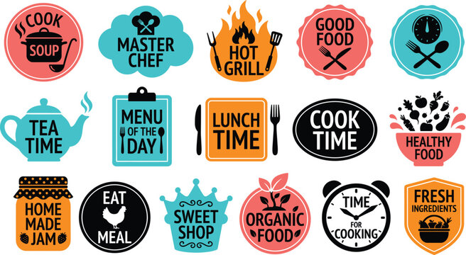 Food and cooking labels vector illustration featuring colorful icons, restaurant motifs, kitchen utensils, flames, and decorative meal designs