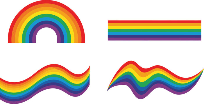 Four rainbow icons in classic arc, horizontal strip, smooth wave, and dynamic curve styles for diversity design content