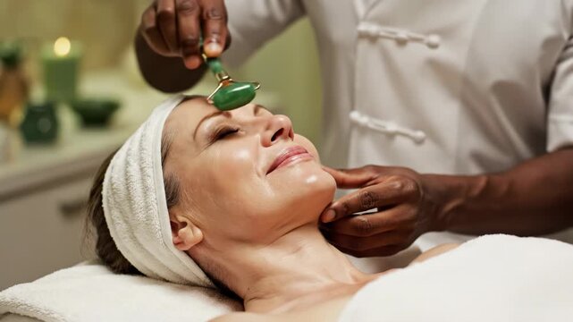 Woman receiving jade roller facial massage in wellness spa