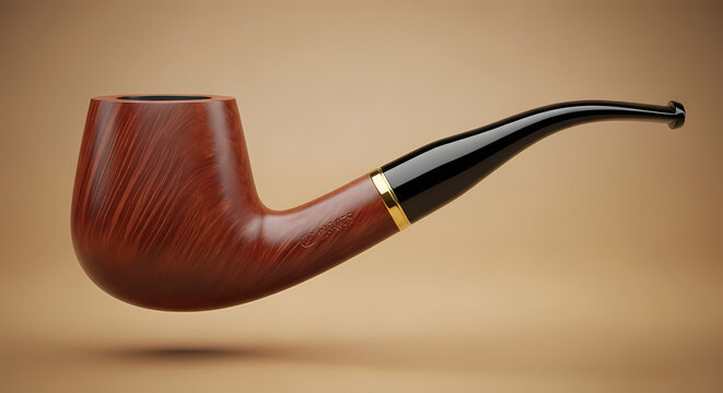 A classic polished wooden smoking pipe with a black stem and golden band floats elegantly against a warm brown background.