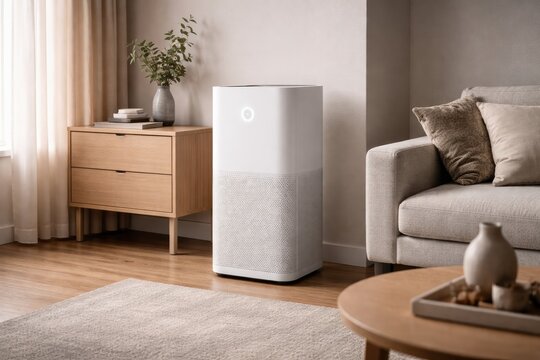 Modern air purifier in bright minimalist living room with natural sunlight and cozy decor