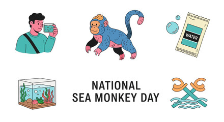 Cartoon icons of a person blue monkey aquarium and water packet celebrating National Sea Monkey Day © Agung