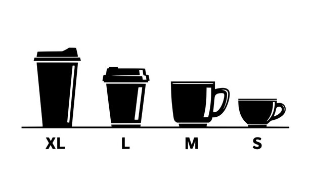 Coffee cup size progression icons XL L M S in black silhouette style minimal vector set isolated on white