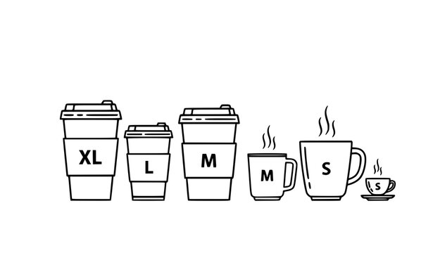 Outline coffee cup icons set with XL L M S sizes in black line style modern vector collection isolated on white