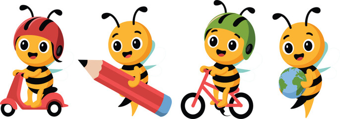 Obraz premium Cute bee cartoon character set, honeybee mascot with bicycle pencil globe and scooter vector illustration