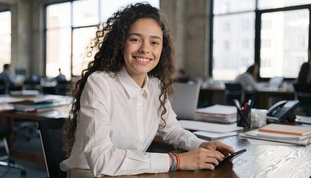 Young Hispanic female intern in her 20s sitting at desk, using mobile phone, wearing formal shirt, on office background