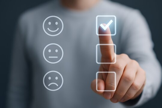 Finger confidently presses a checkmark in a box next to a happy emoji face, symbolizing positive feedback or approval.
