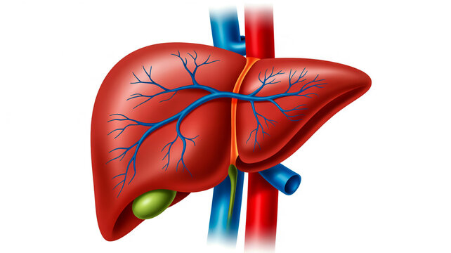Anatomical illustration of the human liver and gallbladder with blood vessels and ducts