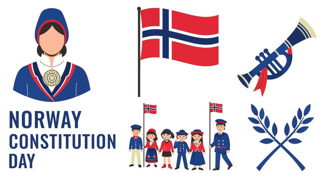 Norway Constitution Day graphic with flag traditional bunad attire musical instrument and group of children
